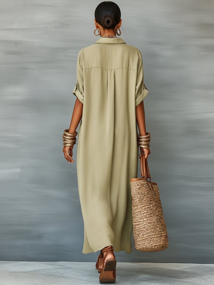 Maxi Linen Shirt Dress with Short Sleeves for Women - View 2