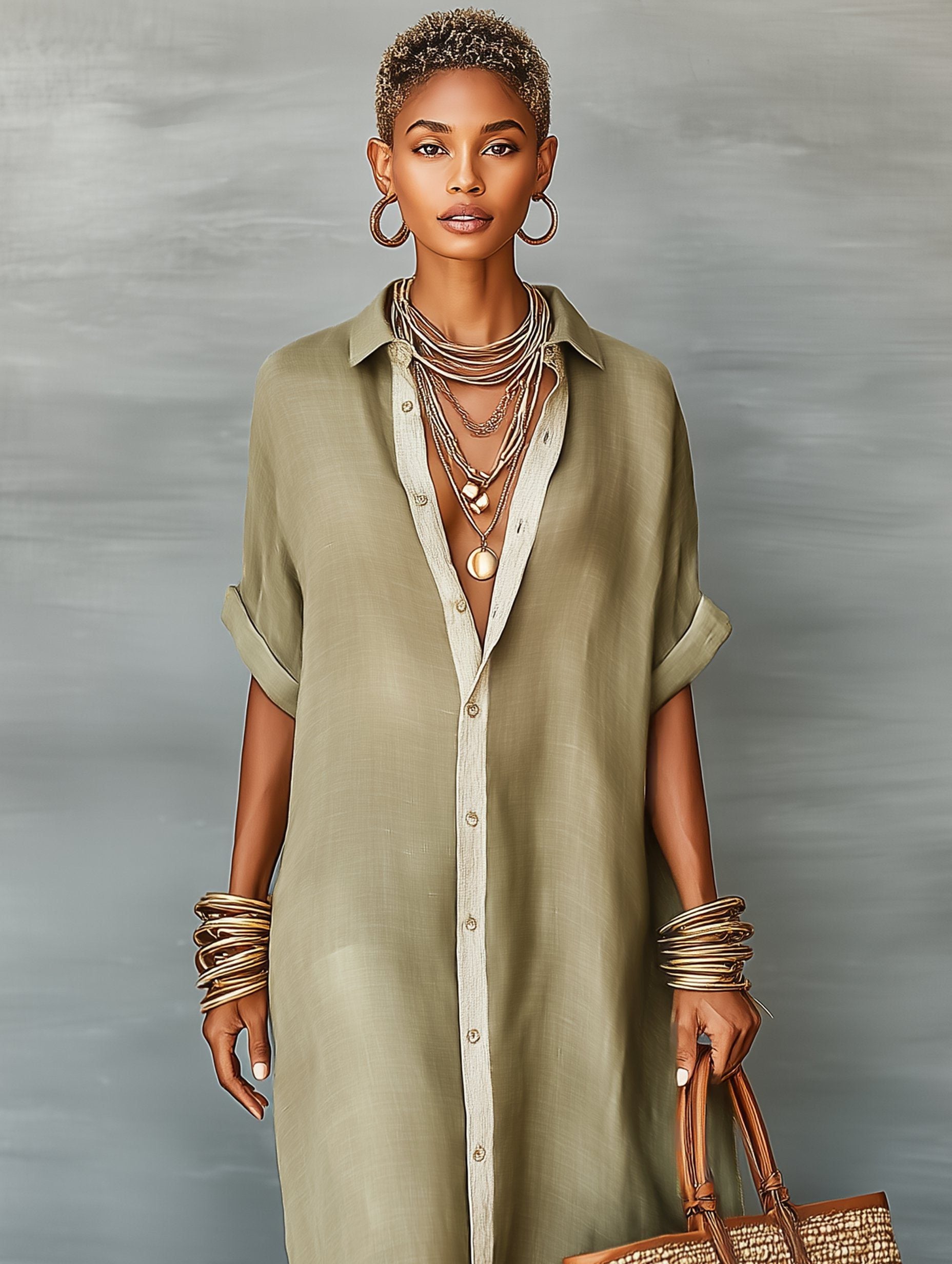 Maxi Linen Shirt Dress with Short Sleeves for Women - View 6