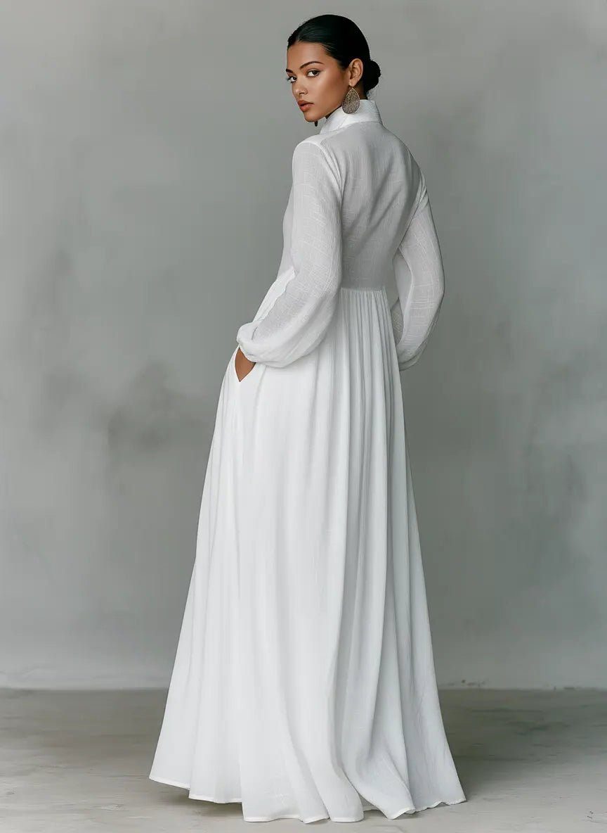 Maxi Shirt Dress with Stand Collar and Linen Blend for Women