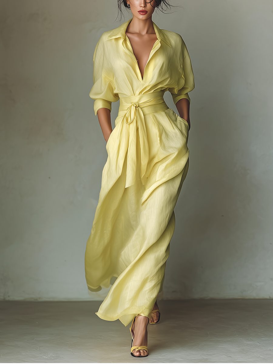 Maxi Shirt Dress with Tie Waist and Half Sleeves for Women