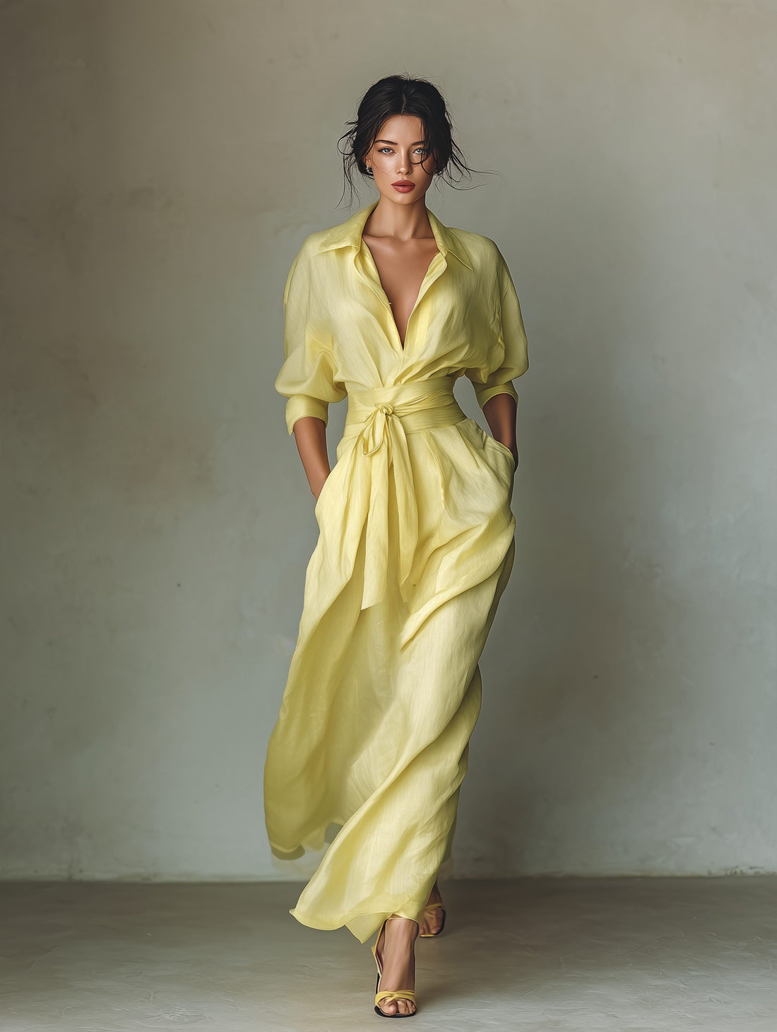 Maxi Shirt Dress with Tie Waist and Half Sleeves for Women