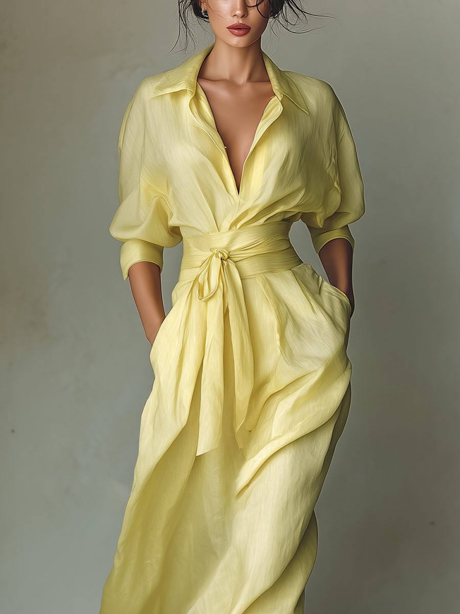 Maxi Shirt Dress with Tie Waist and Half Sleeves for Women - View 3