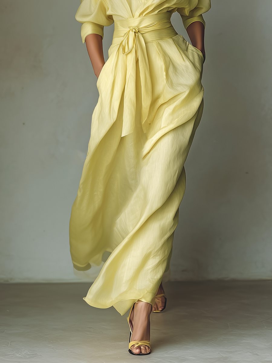 Maxi Shirt Dress with Tie Waist and Half Sleeves for Women - View 4