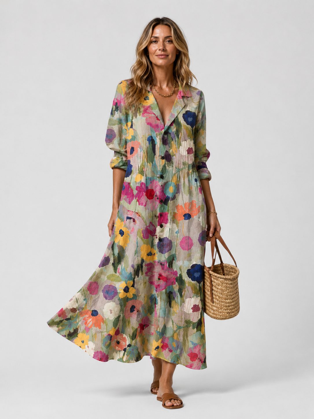 Maxi Shirt Dress with V-Neck for Women - Floral