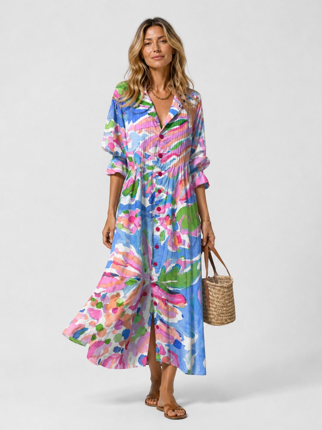 Maxi Shirt Dress with V-Neck for Women - Blue