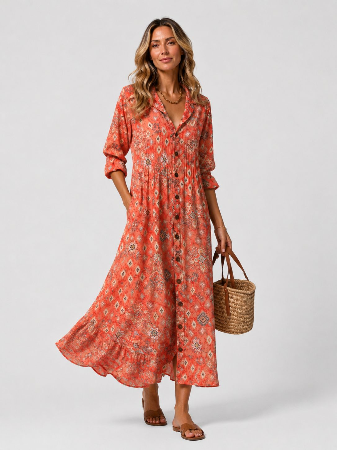Maxi Shirt Dress with V-Neck for Women - Orange