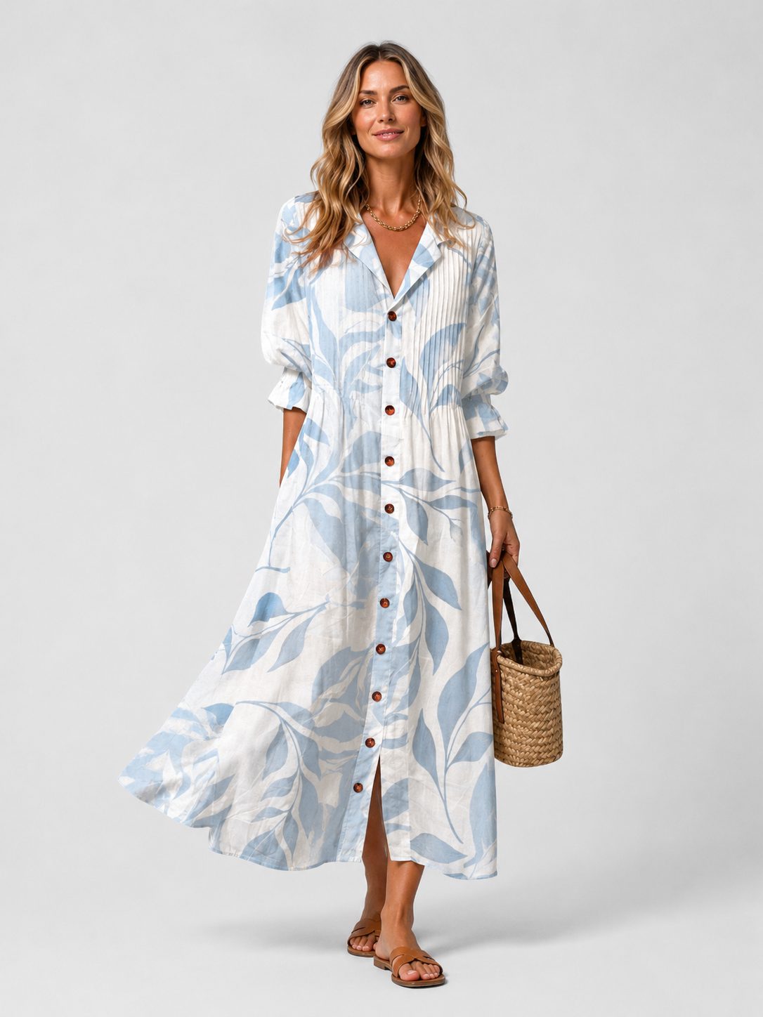 Maxi Shirt Dress with V-Neck for Women - Light Blue