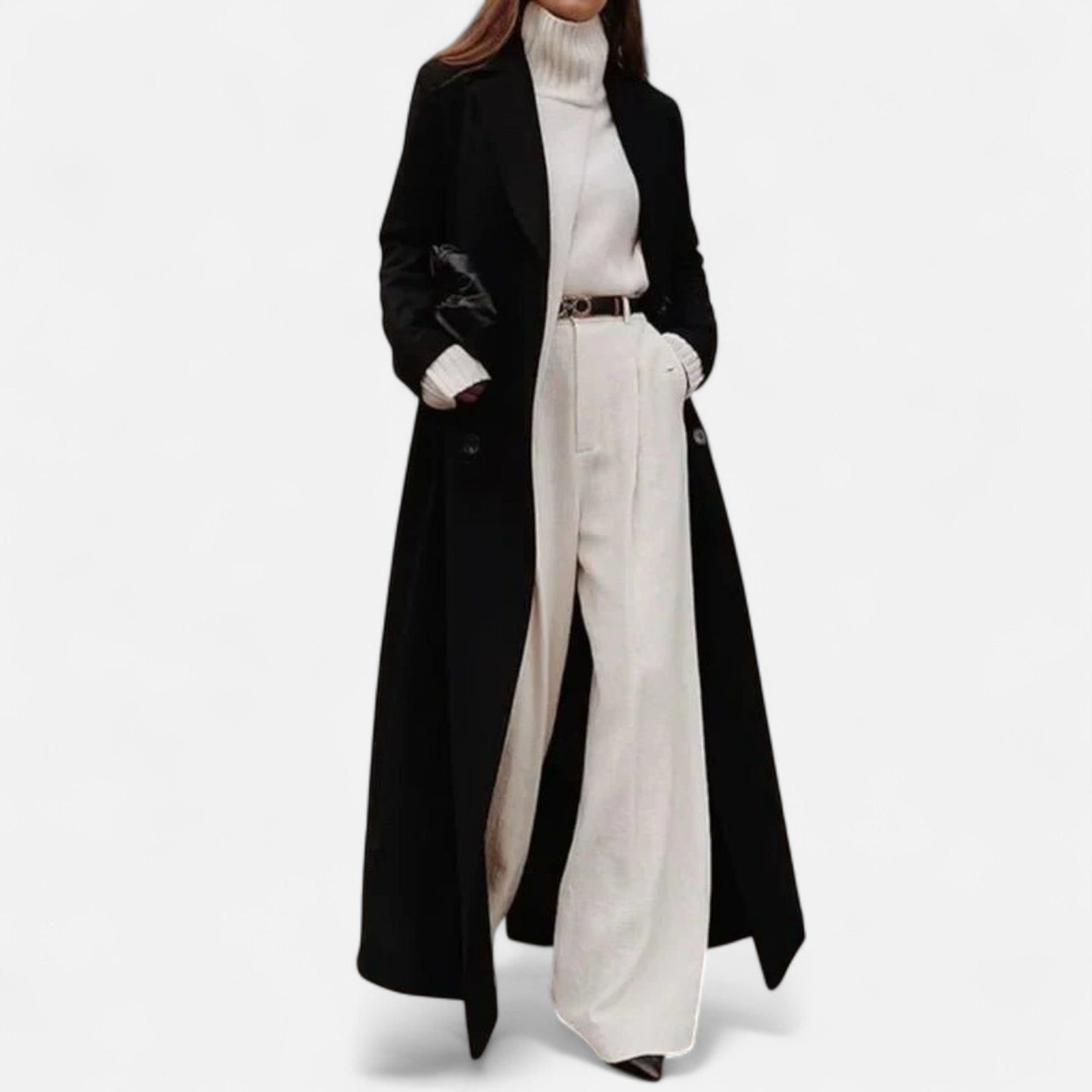 Maxi Tailored Coat with Notch Lapel for Women - Black