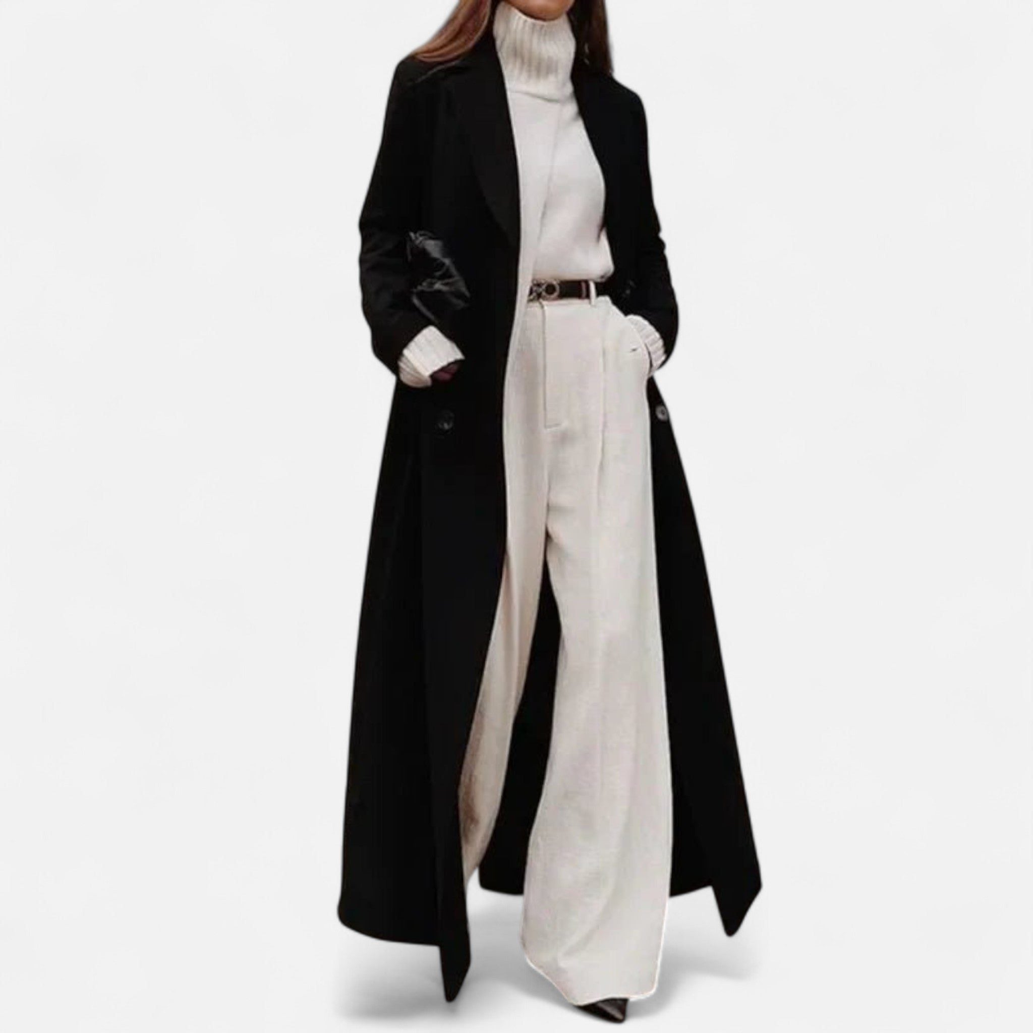 Maxi Tailored Coat with Notch Lapel for Women - Black