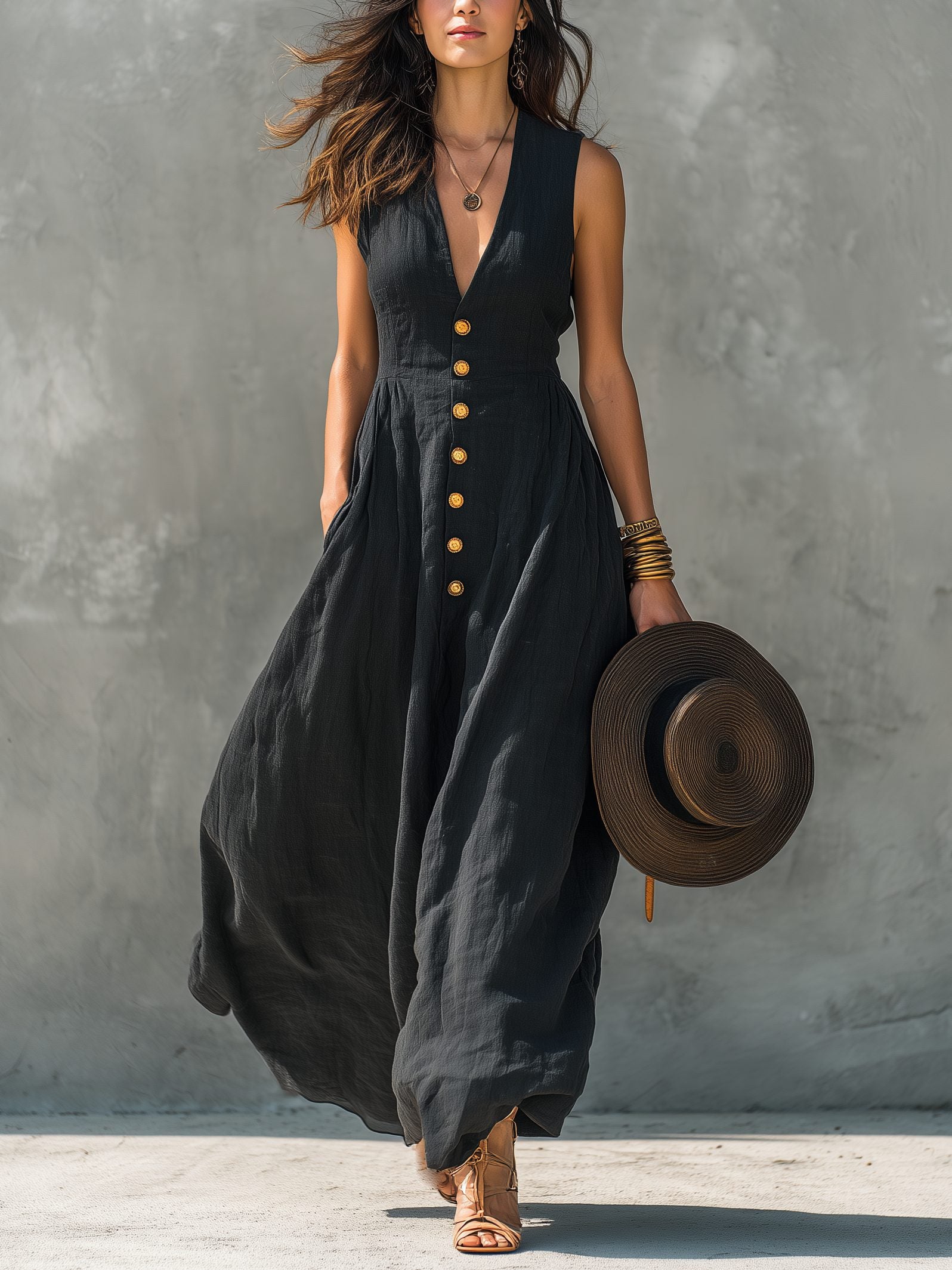 Maxi V-Neck Sleeveless Linen Dress for Women