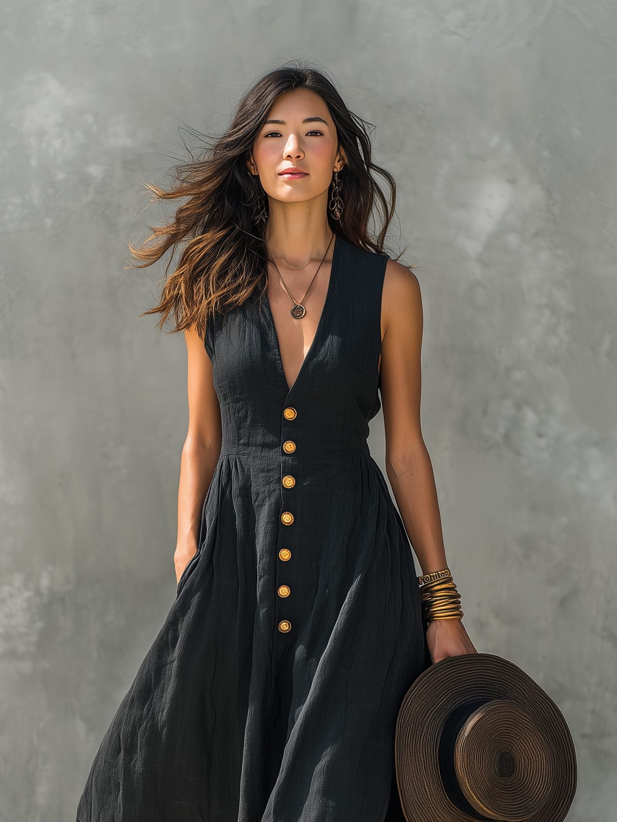 Maxi V-Neck Sleeveless Linen Dress for Women - View 2