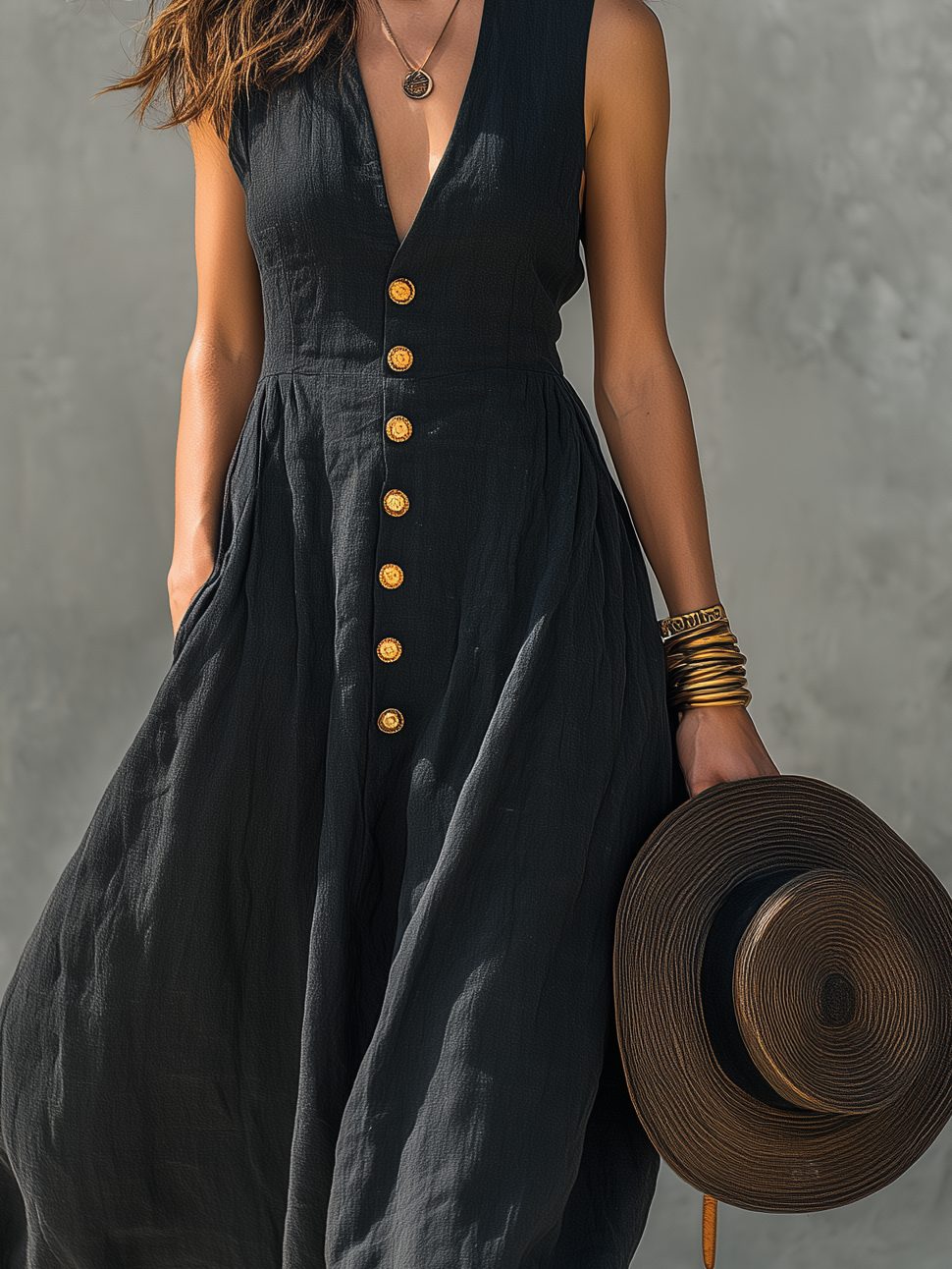 Maxi V-Neck Sleeveless Linen Dress for Women - View 4