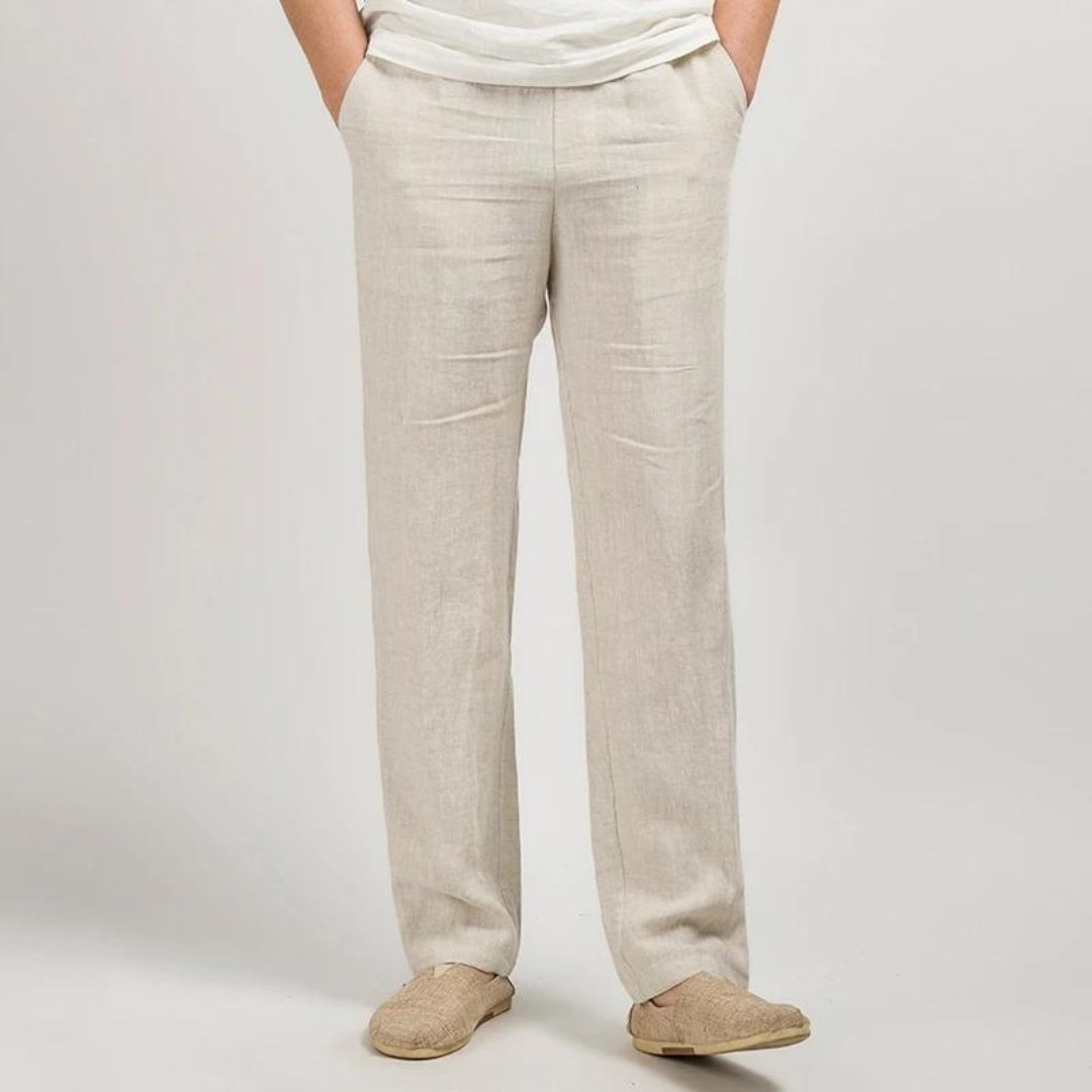 Linen Straight Leg Trousers with Elastic Waist for Men