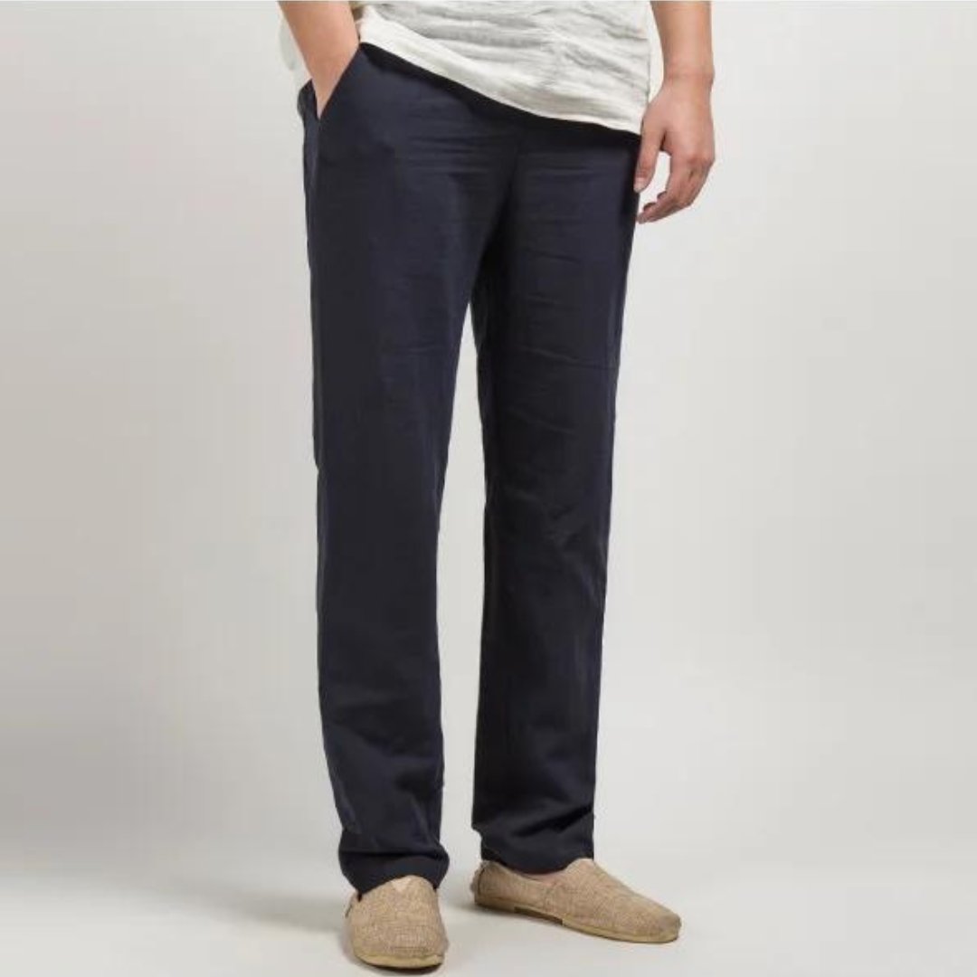 Linen Straight Leg Trousers with Elastic Waist for Men