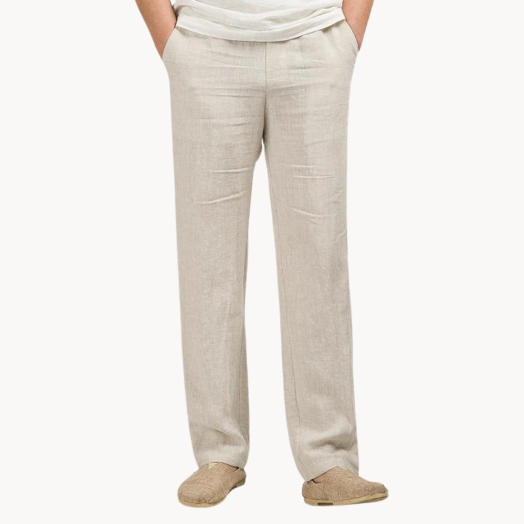 Linen Straight Leg Trousers with Elastic Waist for Men