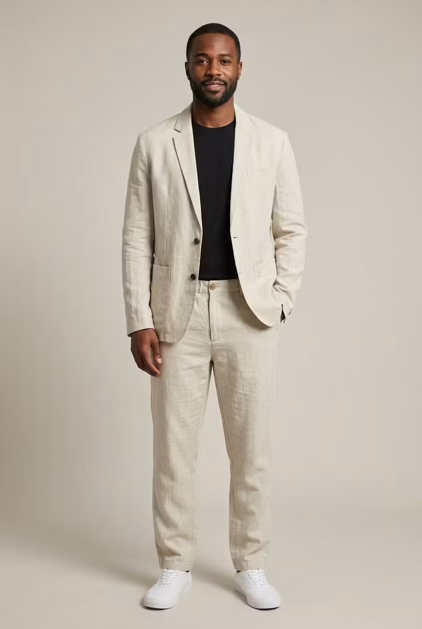 Relaxed Fit Linen Two-Piece Suit Set for Men