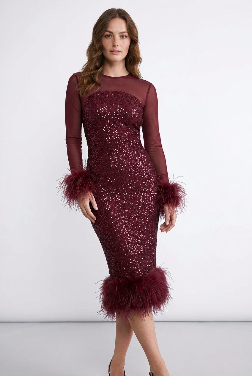 Midi A-Line Sequin Dress with Feather Cuffs for Women