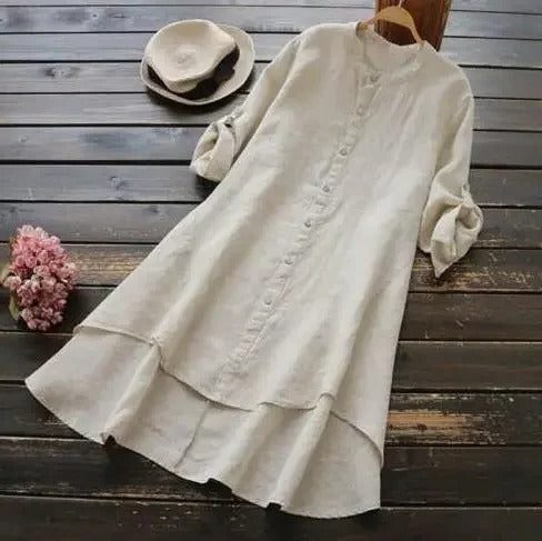 Midi Linen Shirt Dress with Layered Hem for Women