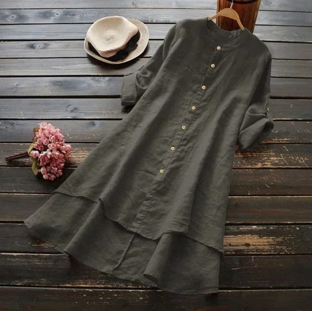 Midi Linen Shirt Dress with Layered Hem for Women - Grey