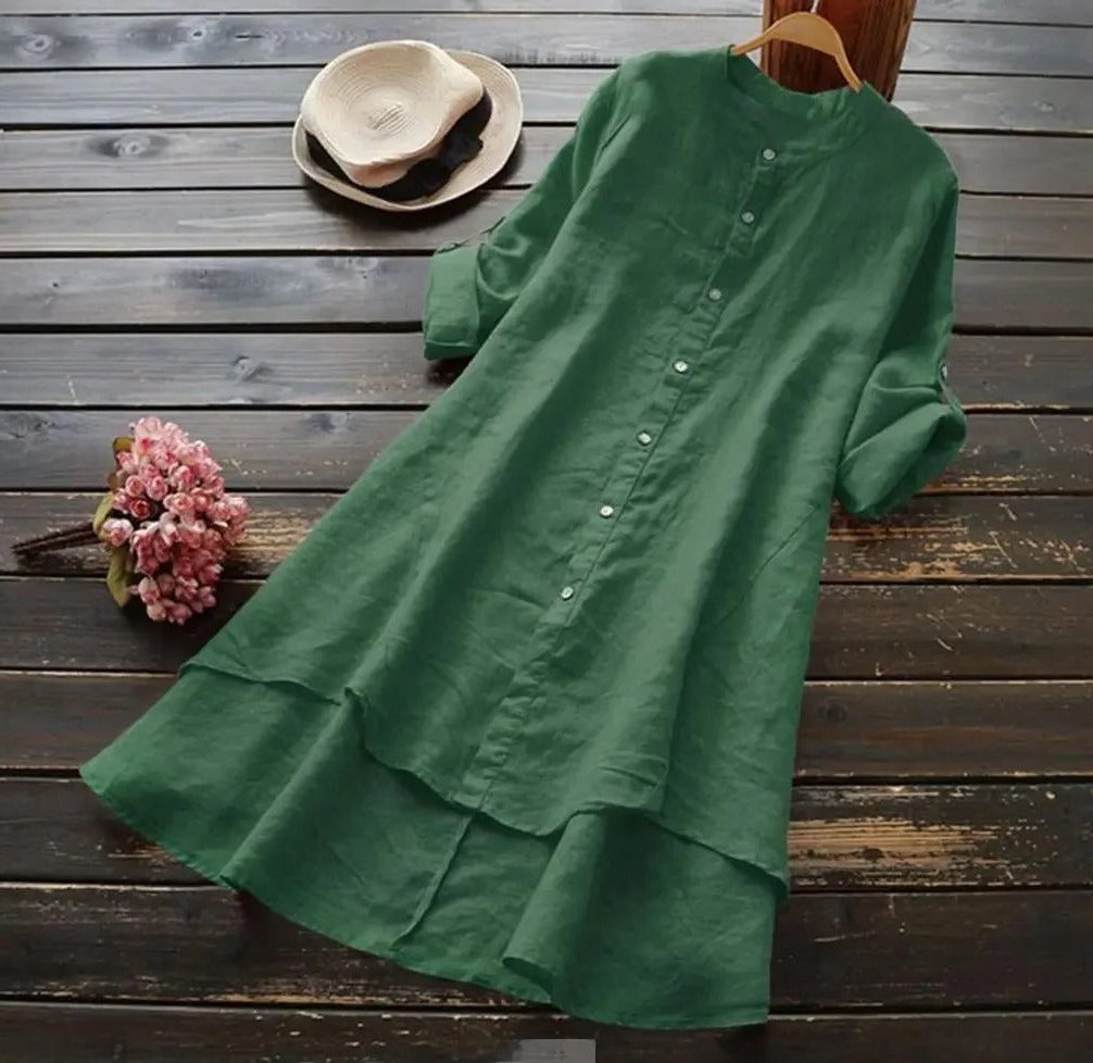 Midi Linen Shirt Dress with Layered Hem for Women - Green