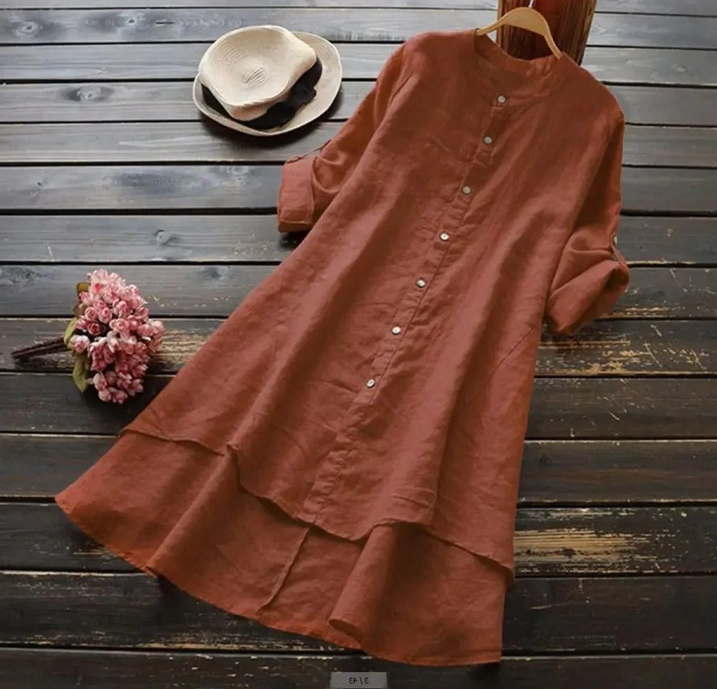 Midi Linen Shirt Dress with Layered Hem for Women - Orange