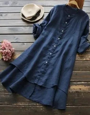 Midi Linen Shirt Dress with Layered Hem for Women - Navy Blue