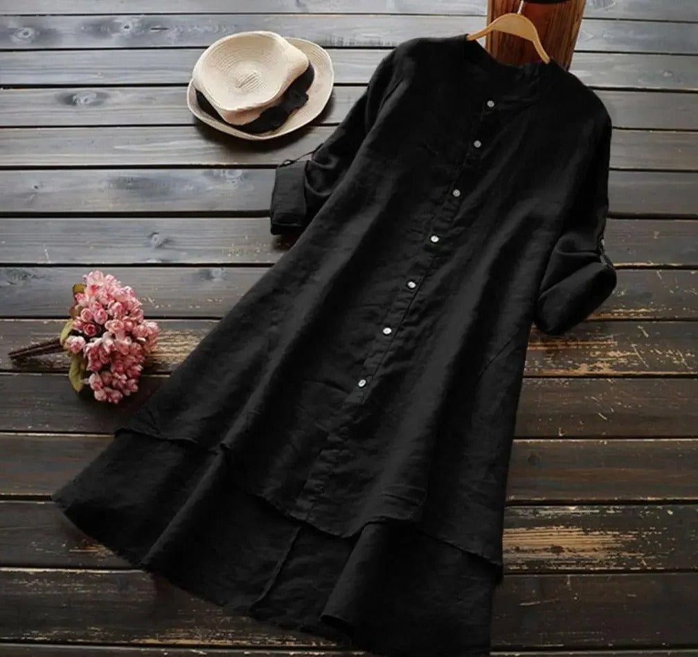Midi Linen Shirt Dress with Layered Hem for Women - Black