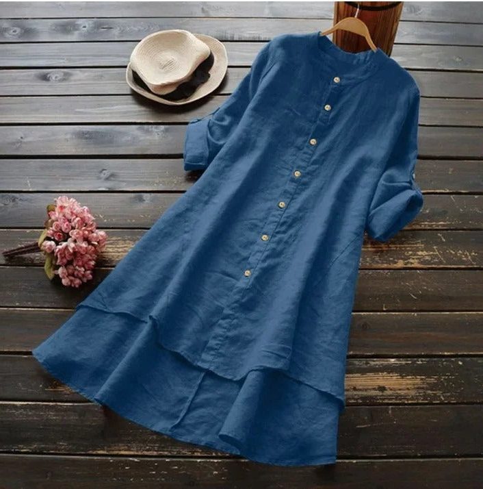 Midi Linen Shirt Dress with Layered Hem for Women - Peacock Blue