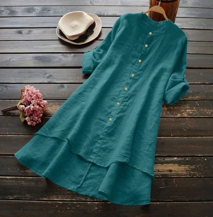 Midi Linen Shirt Dress with Layered Hem for Women - Green Beans