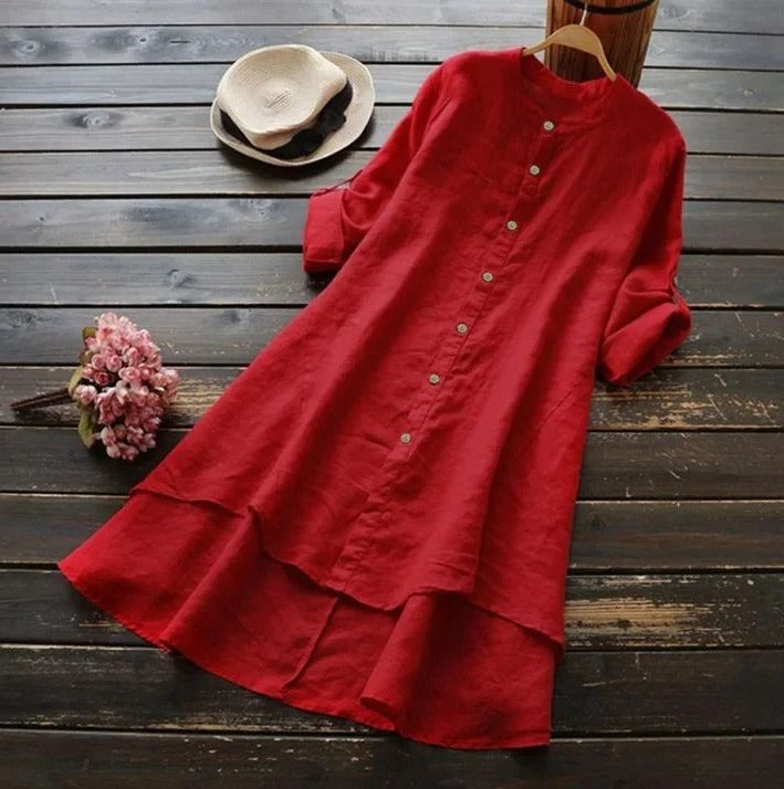 Midi Linen Shirt Dress with Layered Hem for Women - Red