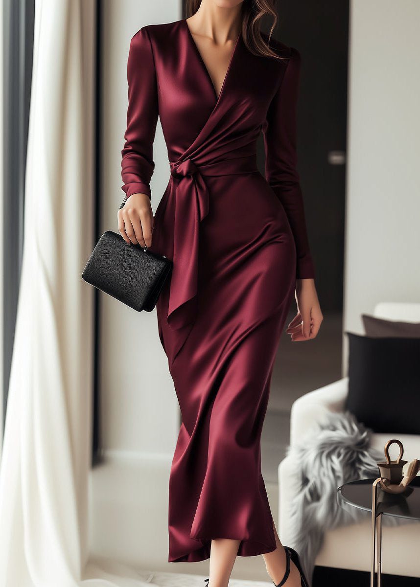 Midi Satin Wrap Dress with Long Sleeves for Wedding Guest