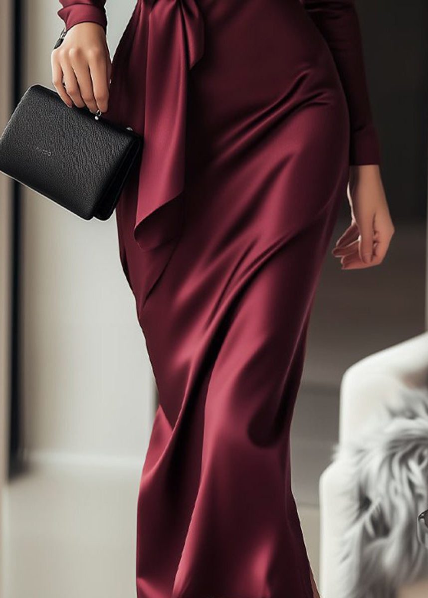 Midi Satin Wrap Dress with Long Sleeves for Wedding Guest - View 3