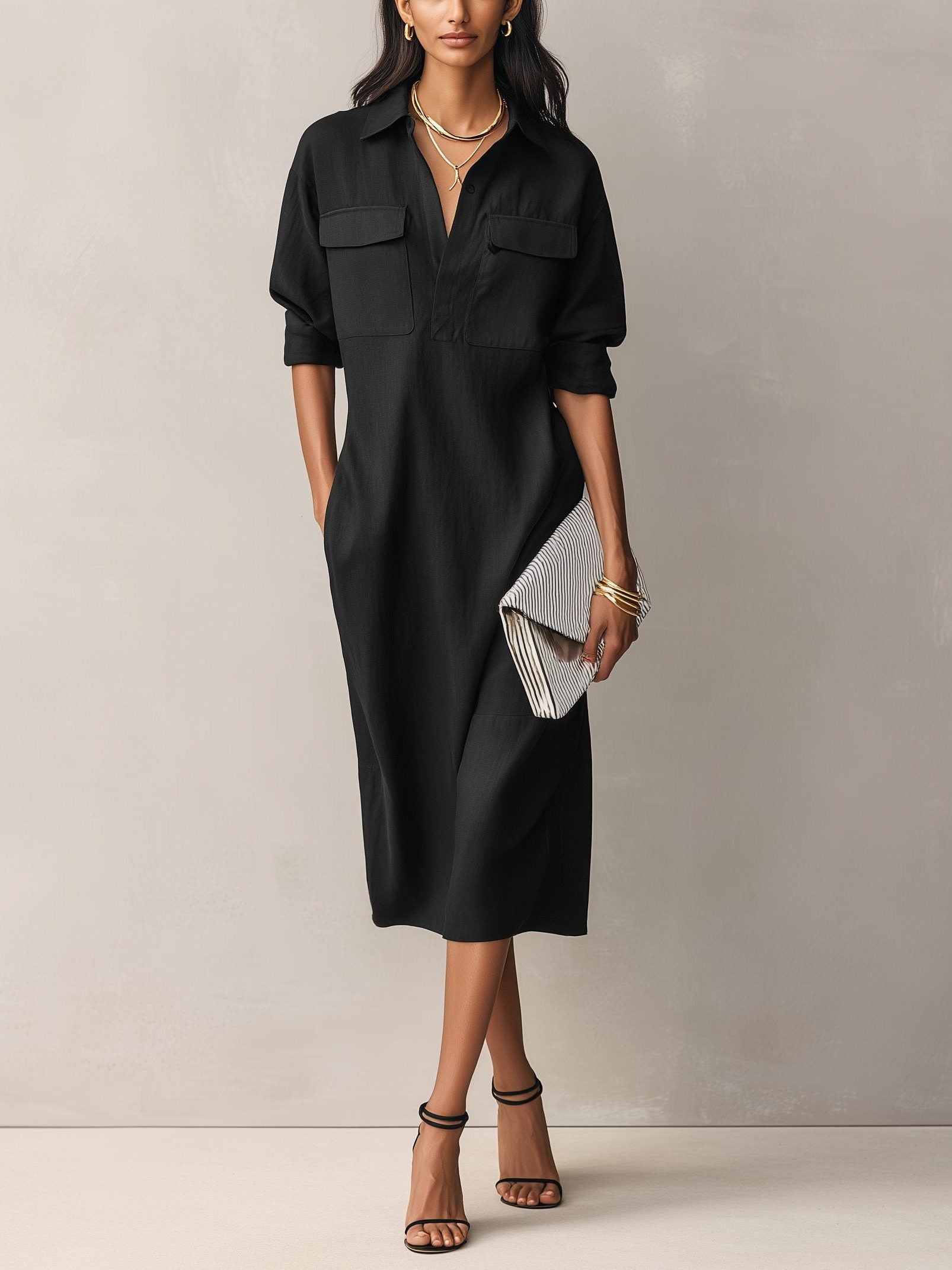 Midi V-Neck Shirt Dress with Chest Pockets for Women