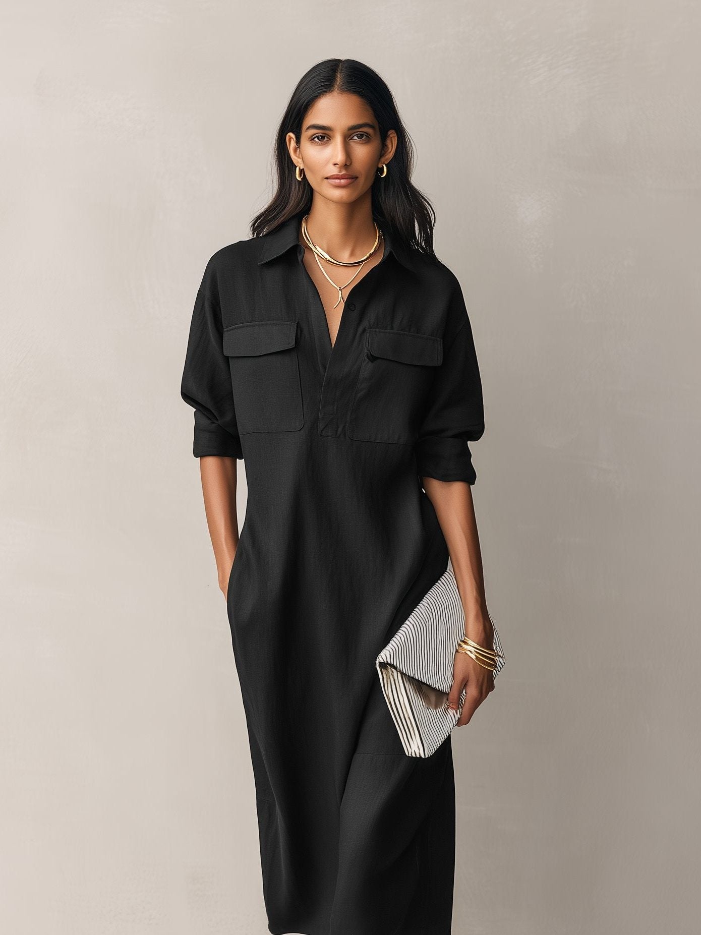 Midi V-Neck Shirt Dress with Chest Pockets for Women - View 2