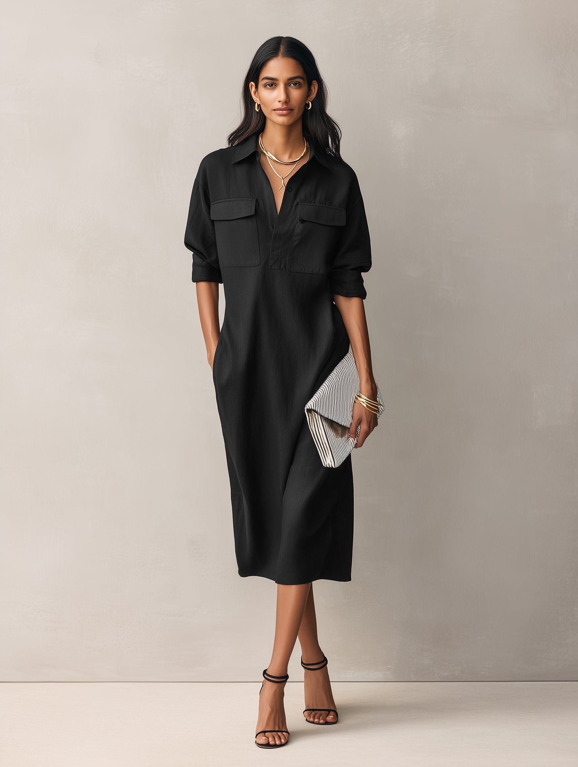 Midi V-Neck Shirt Dress with Chest Pockets for Women - View 3