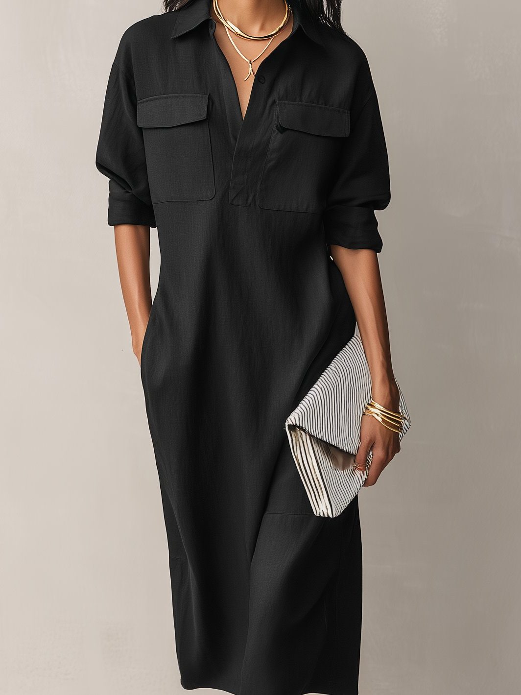 Midi V-Neck Shirt Dress with Chest Pockets for Women - View 4