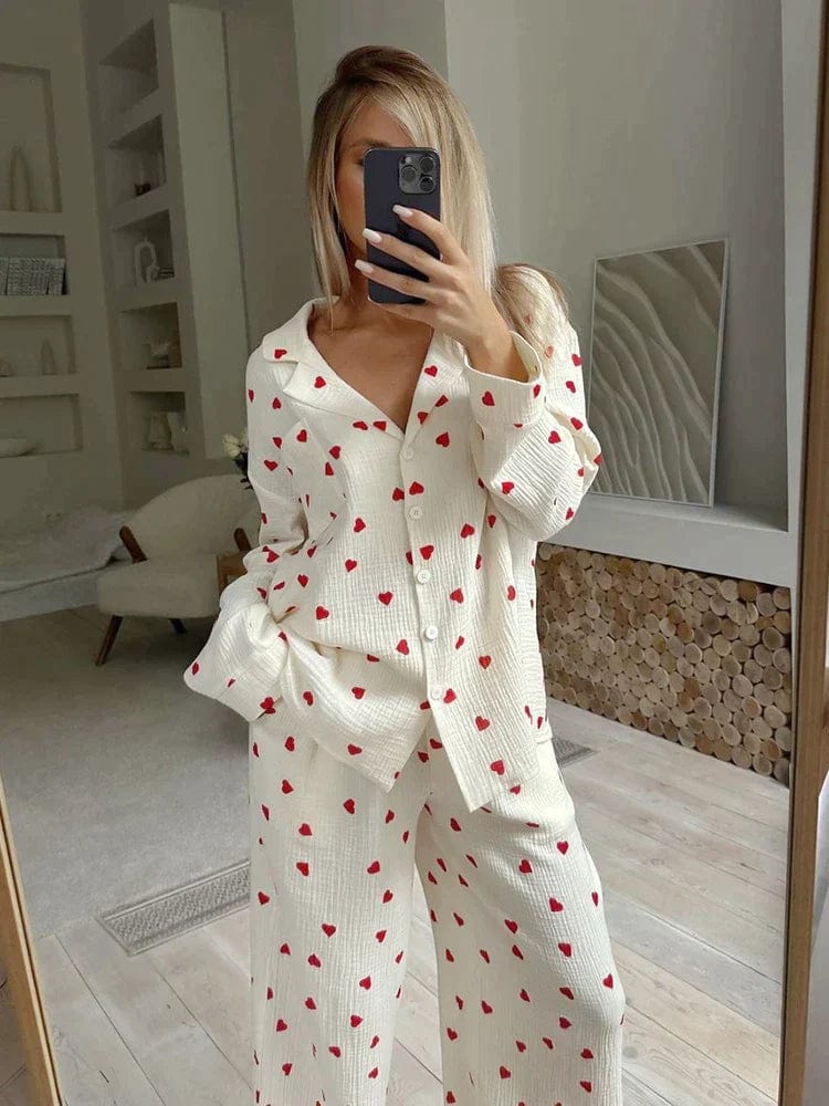 Heart Print Long Pajama Set for Women