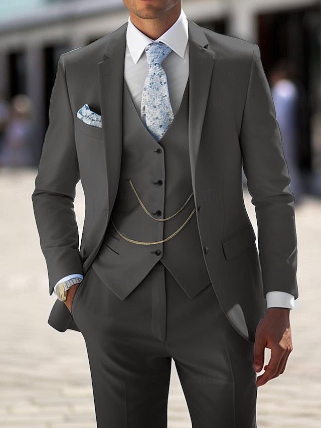 Notch Lapel Double-Breasted Three-Piece Suit for Men - Grey