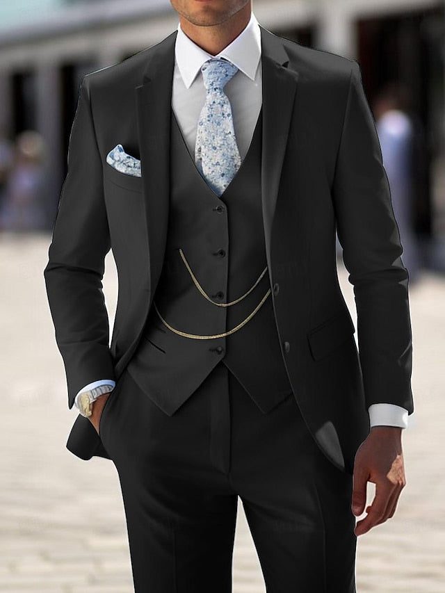 Notch Lapel Double-Breasted Three-Piece Suit for Men - Black