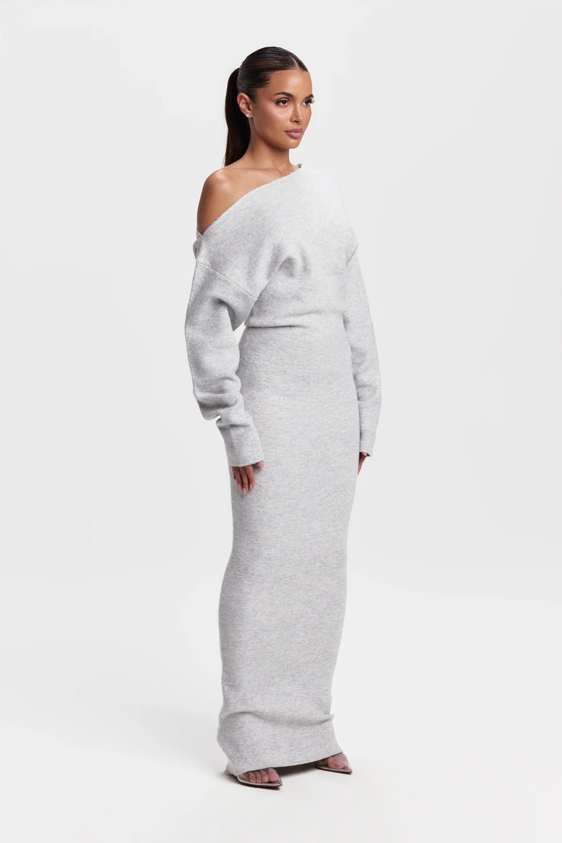 Off-Shoulder Knit Maxi Dress for Women - Grey