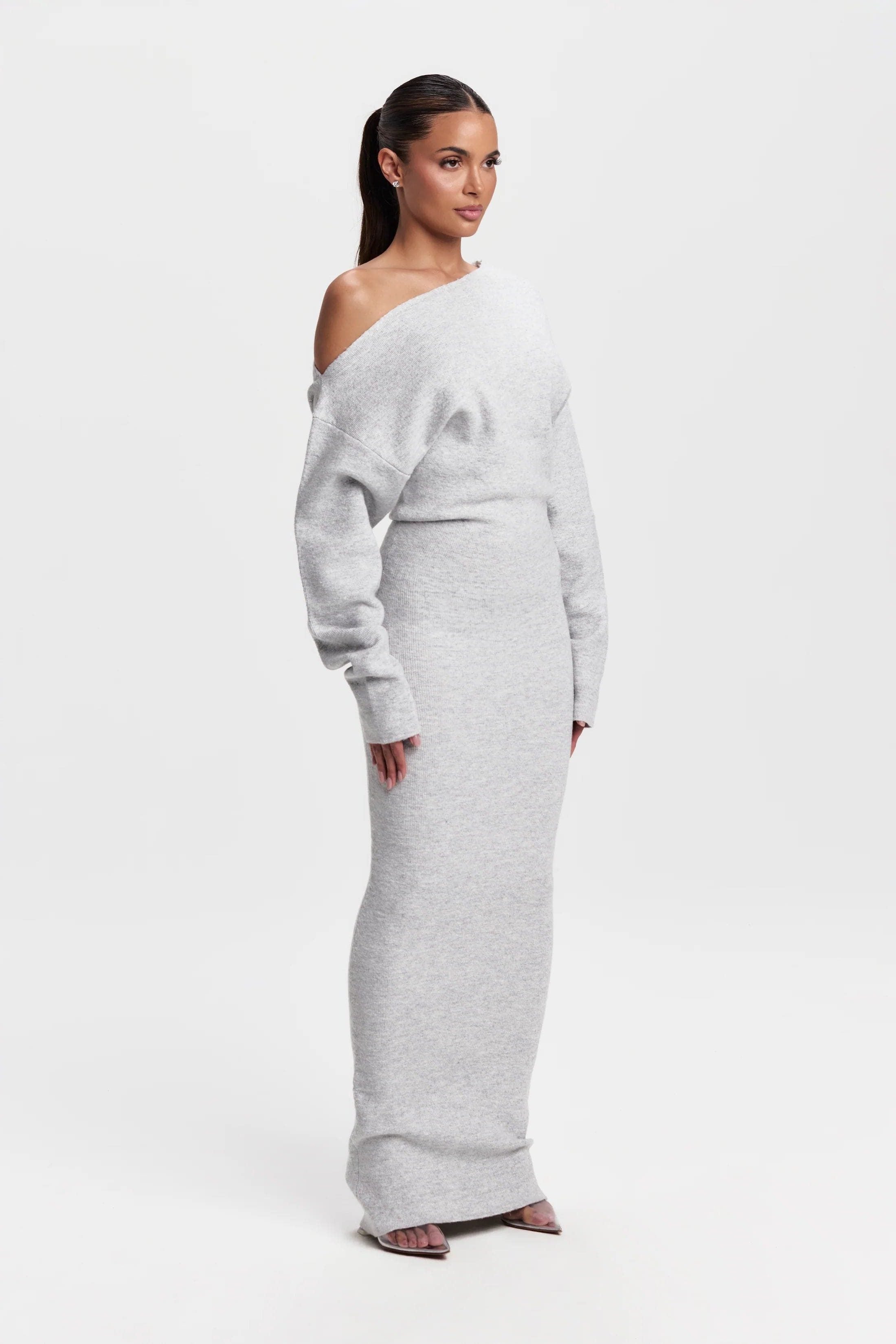 Off-Shoulder Knit Maxi Dress for Women - Grey