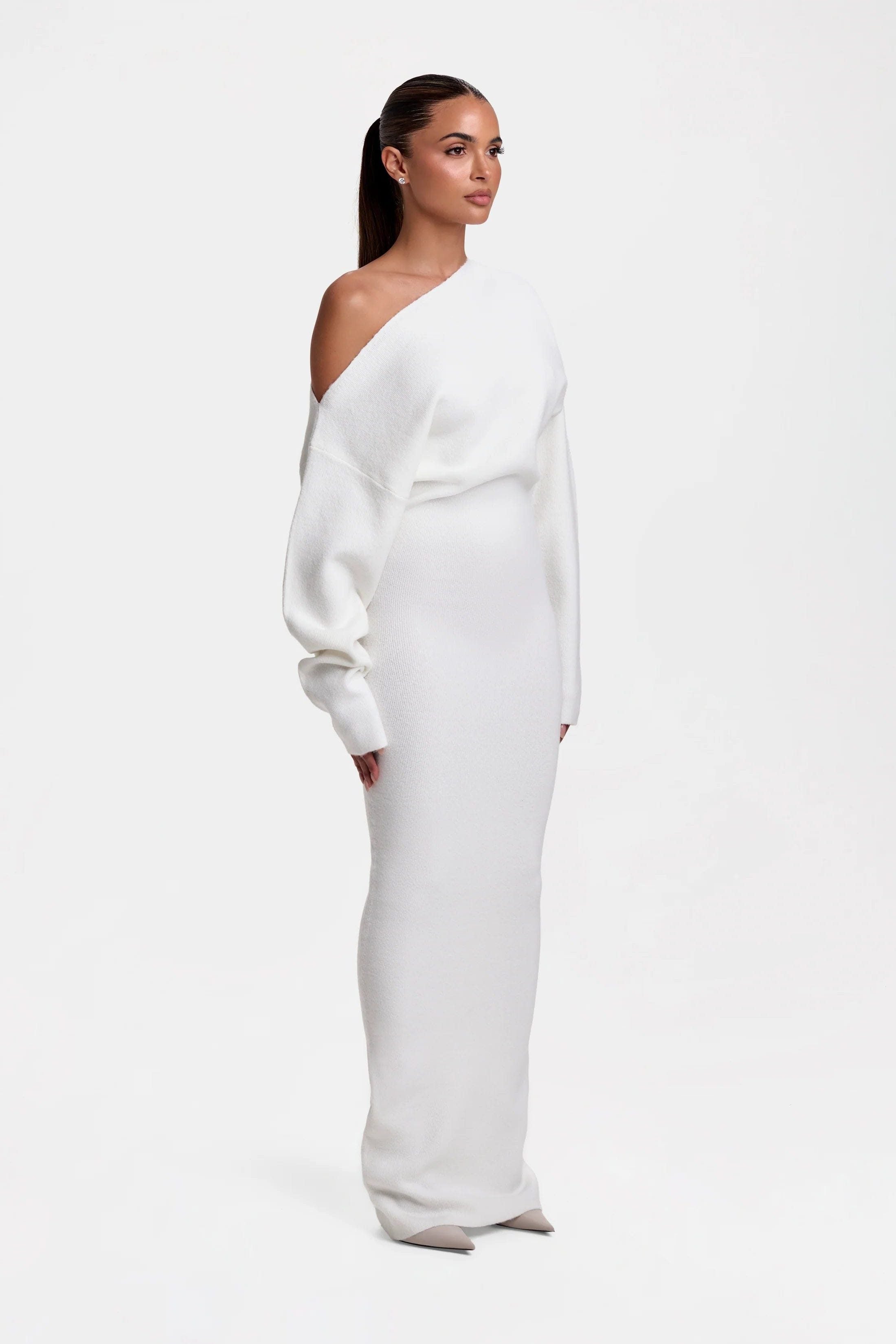 Off-Shoulder Knit Maxi Dress for Women - White