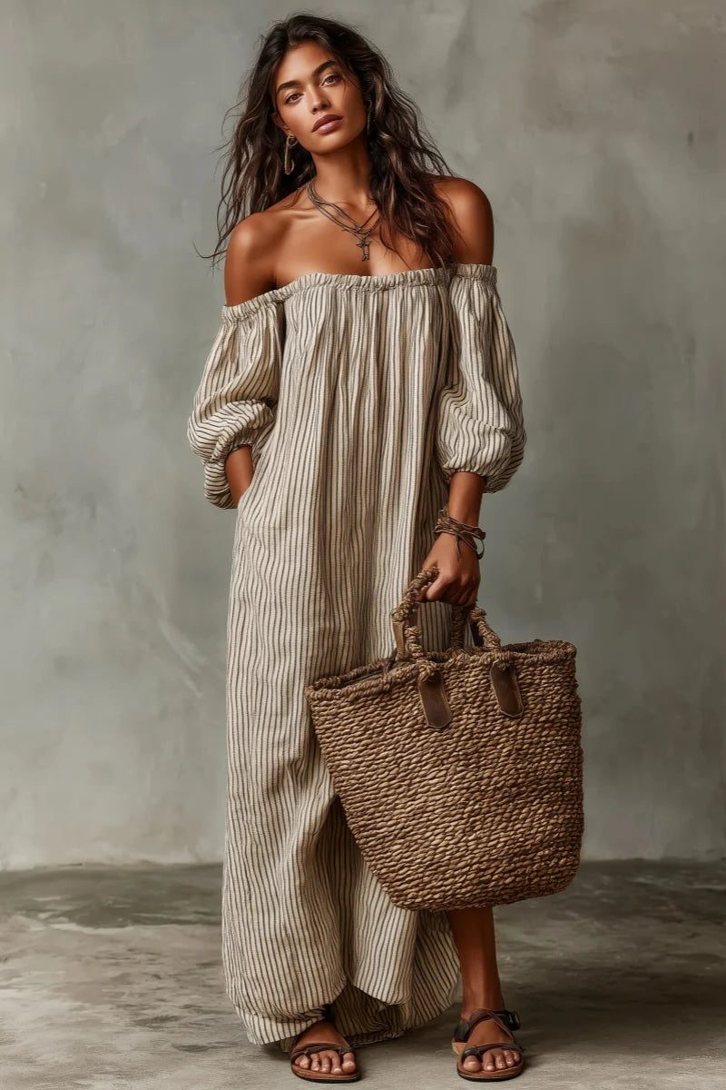 Linen Striped Off-Shoulder Maxi Dress for Women