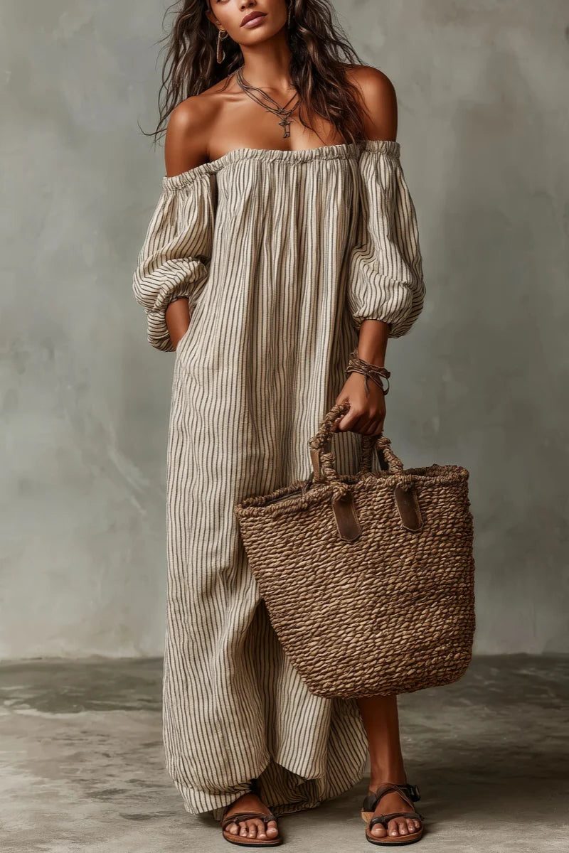 Linen Striped Off-Shoulder Maxi Dress for Women