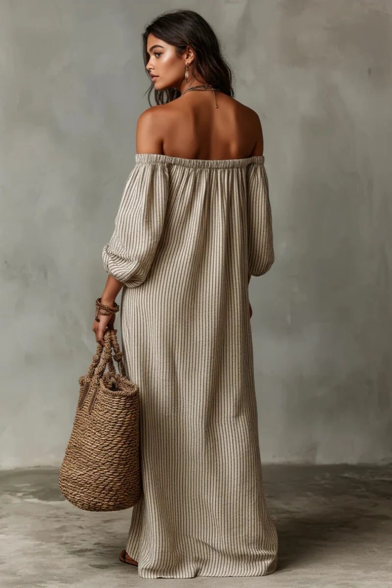 Linen Striped Off-Shoulder Maxi Dress for Women