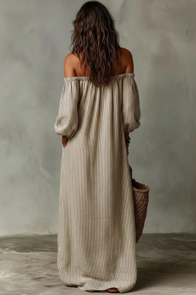 Linen Striped Off-Shoulder Maxi Dress for Women