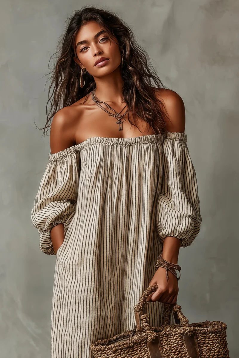 Linen Striped Off-Shoulder Maxi Dress for Women