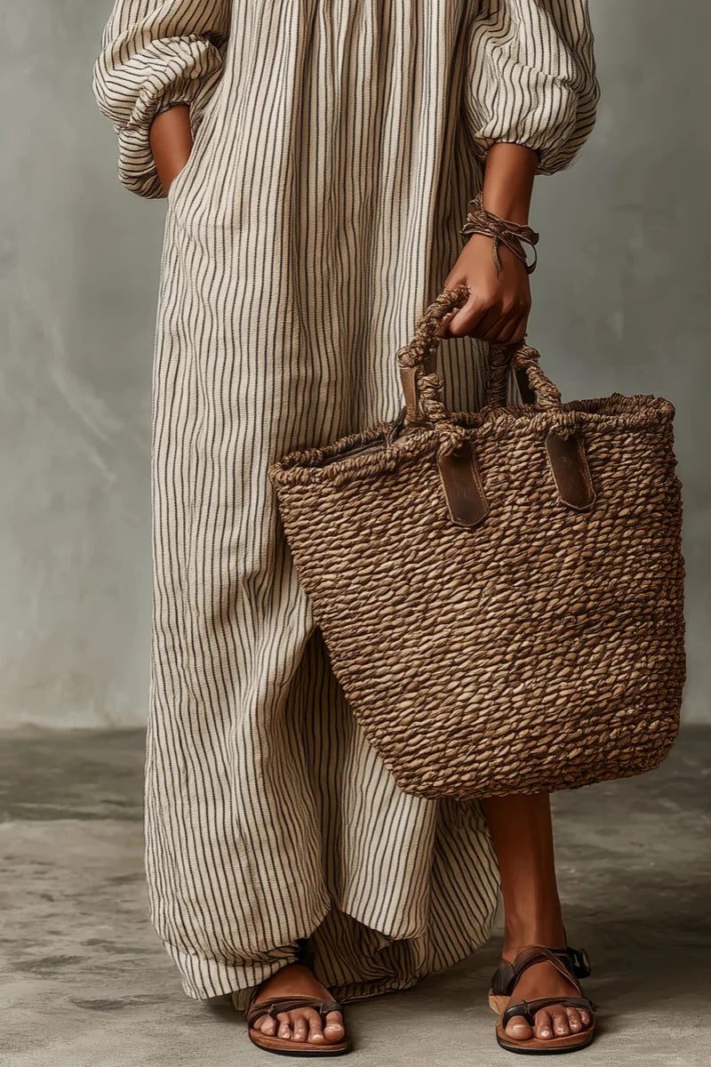 Linen Striped Off-Shoulder Maxi Dress for Women