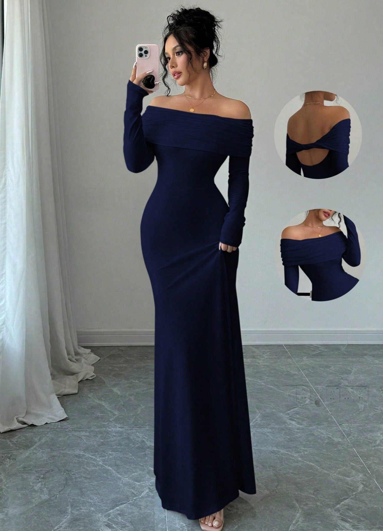 Off-Shoulder Long Sleeve Wedding Guest Maxi Dress for Women - Royal Blue