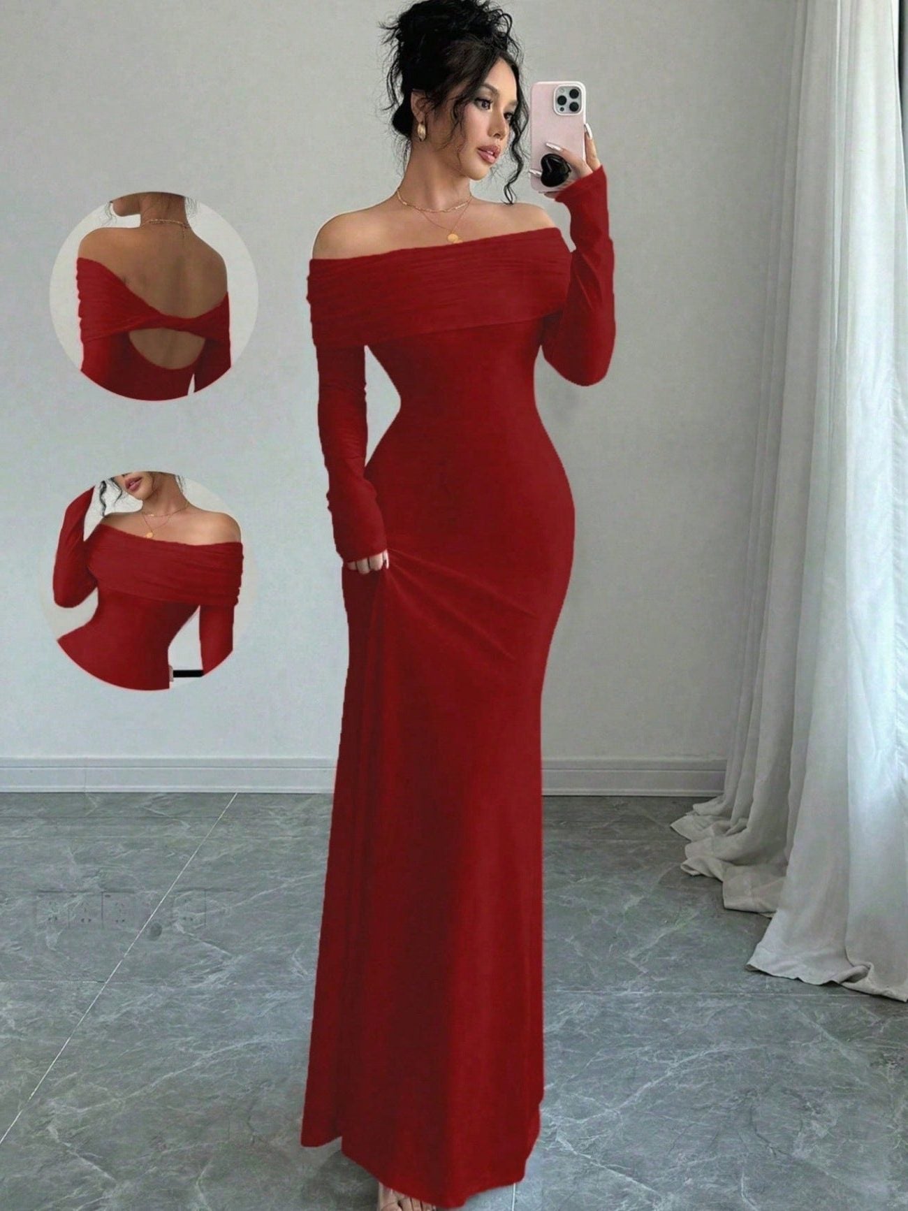 Off-Shoulder Long Sleeve Wedding Guest Maxi Dress for Women - View 6